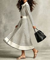 Robe chemise rayée géométrique pour femme, robe midi à manches longues avec col à revers et ceinture, robe élégante de bureau style A-line