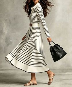 Robe chemise rayée géométrique pour femme, robe midi à manches longues avec col à revers et ceinture, robe élégante de bureau style A-line - Product Image 4