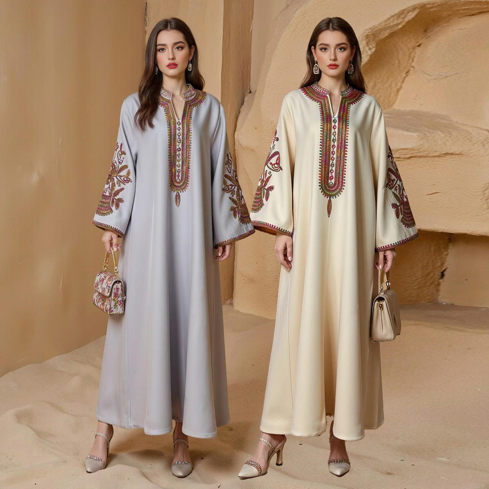 2026 Dubai personalizado lujo gris Beige musulmán Abaya conjunto tela colorido bordado Floral detalle vestido largo modesto