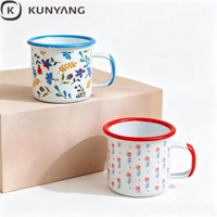 Mug Enamel Motif Bunga Vintage dengan Pinggiran Berwarna, Mug Kopi Keramik Cetak Pola Bunga Kustom, Mug Minum untuk Berkemah Grosir