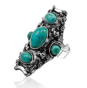 Turquoise Stone Beads Men Women Ring Jewelry Gift Finger Free size adjustable Alloy Gemstone Tibet Nepal Turkish Factory price