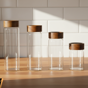 Stoples Kaca dengan Tutup Kayu Akasia Kedap Udara, Wadah Makanan Borosilikat <span class=keywords><strong>Set</strong></span> 5 untuk Dapur - Product Image 1
