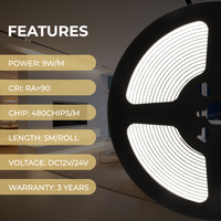 Bande LED COB ultra-dense 480 LED/m, enroulable, DC12V DC24V, PCB 8mm, flexible, sans points, blanc, éclairage parfait