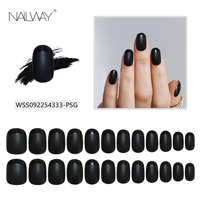 Fournisseur professionnel d'ongles : Faux ongles en gel souple courts de haute qualité, noir mat, forme ovale, style French, à presser, sans design.