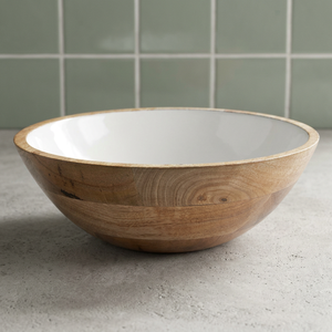 Bol de service alimentaire réutilisable en bois d'acacia émaillé blanc BS INTERNATIONAL NAD4350, vintage, écologique, pour la maison, l'hôtel, le restaurant, les fêtes - Product Image 1