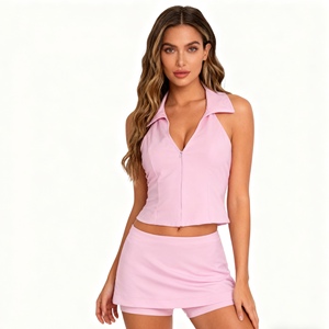 เสื้อแขนกุดสไตล์เสื้อเชิ้ตคอ halter สำหรับผู้หญิง พร้อมกางเกงกระโปรงเอวต่ำ ชุดลำลอง 2 ชิ้น แฟชั่น - Product Image 1