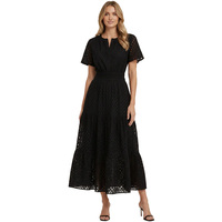 Robe longue à œillets pour femme 100% coton, manches courtes, col en V, taille smockée à volants, broderie ajourée, robe de plage pour les vacances