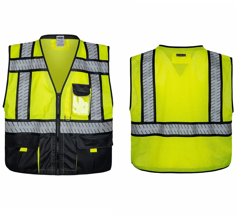 OEM safety vest custom logo 100% polyester solid front mesh back multi pockets high visibility safety vest for men
