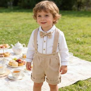 Ensemble de vêtements formels pour garçon, <span class=keywords><strong>chemise</strong></span> blanche en coton personnalisée et short à bretelles en velours côtelé <span class=keywords><strong>beige</strong></span> - Product Image 1