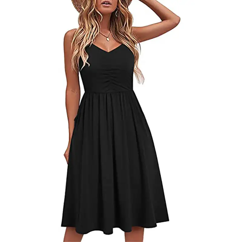 Explosive New Products Women's New Sleeveless V-neck Dress Solid Color No Pattern Tunic Party Dress