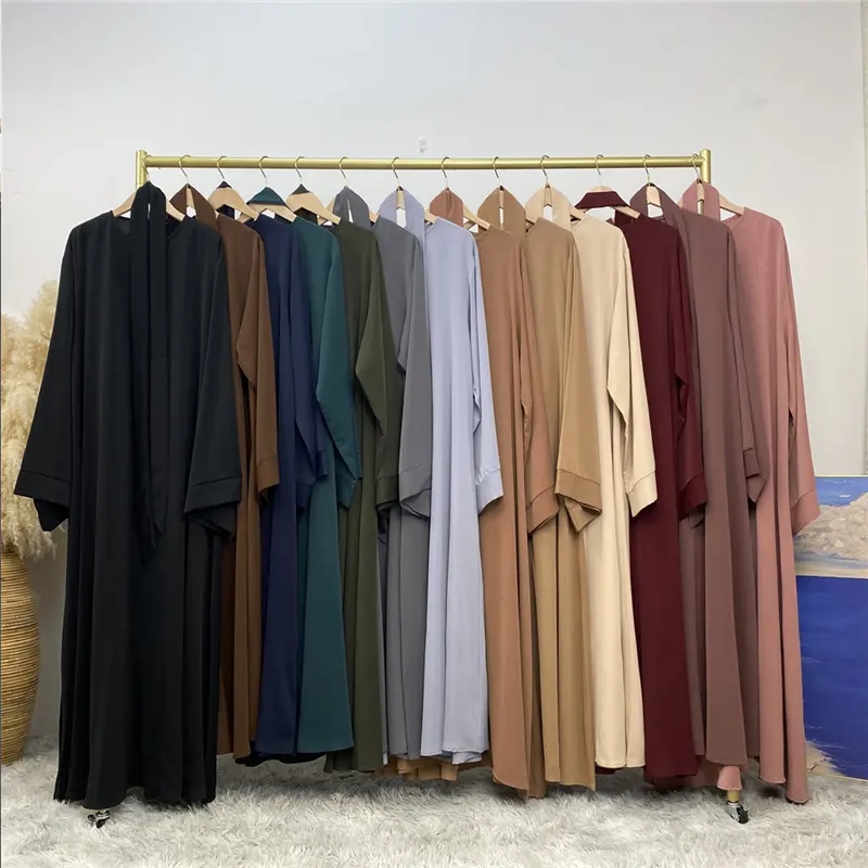 Grosir pakaian Dubai Timur Tengah jubah Lebaran Turki warna polos Ramanda gaun Muslim wanita sifon sifon poliester terbuka