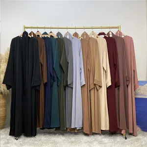 Venta al por mayor Oriente Medio Dubai ropa Turquía EID bata Color sólido Ramanda abierto poliéster gasa Abaya mujeres vestido musulmán