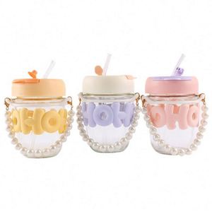 High-value Cute Ins Girls Cartoon Glass Pearl Chain <b>Cup</b> Letter Glass Water <b>Cup</b> <b>Cold</b> Drink <b>Cup</b> - Product Image 1
