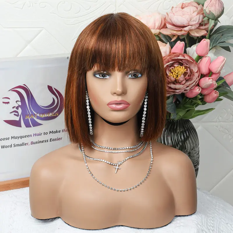 Mayqueen Outlet Pabrik Wig Mesin Ombre Ditarik Ganda Wig Bob Pendek Kutikula Selaras Wig Rambut Manusia Perawan dengan Poni