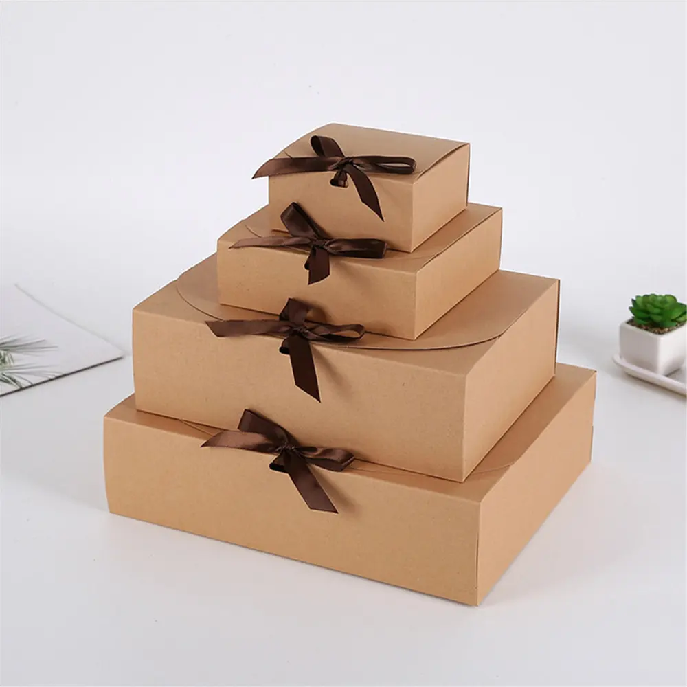 Квадратная коробка из крафт-бумаги, картонная упаковка, подарок на день Святого Валентина, коробки для хранения конфет с лентами, Подарочный пакет, кармашки