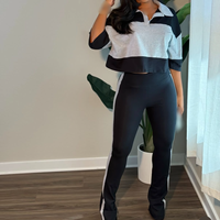 Ensemble décontracté d'automne pour femme, haut rayé à manches courtes et pantalon de jogging, ensemble 2 pièces patchwork color block