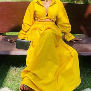 Sexy Women's Solid Collar Sleeve <b>Tie</b>-Front Shirt Long Dress African New Style Casual 2-Piece <b>Set</b> Fashion - Product Image 6