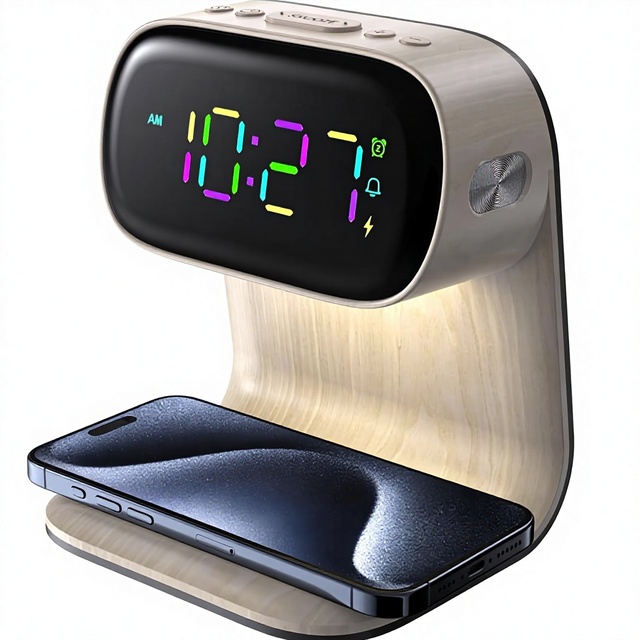 YIDPU Modern Wood Digital Alarm Clock Wireless Fast Charging 15W Touch Control Nightlight Adjustable Bedside Living Room No