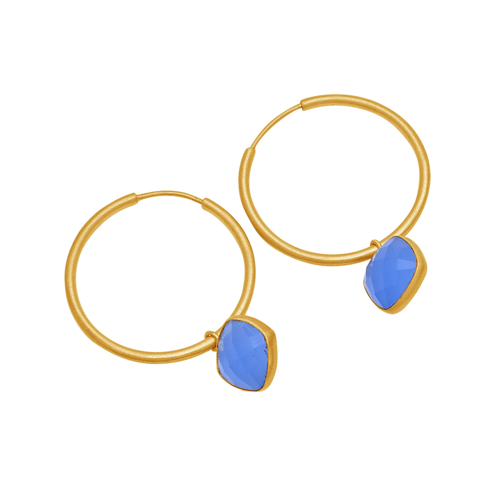 gold plated natural blue chalcedony gemstone hoop earrings solid 925 sterling silver gold plated jewelry exporter manufacturer