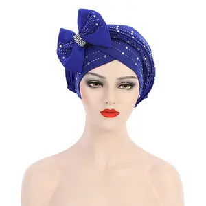 Turban africain en strass pour femmes, bonnet musulman, mode, uni, couche spatiale, nœud papillon, chapeau baotou, offre spéciale