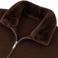 Cardigan en laine et nylon tricoté pour homme, personnalisé ODM/OEM, avec fermeture éclair intégrale, bordure en fourrure, épais, respirant, vêtement d'extérieur pour l'hiver