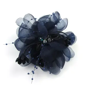 Handmade Navy Blue Headwear Hair Clip Brooch Chiffon Crystal Bead Fascinator For Women Dancing
