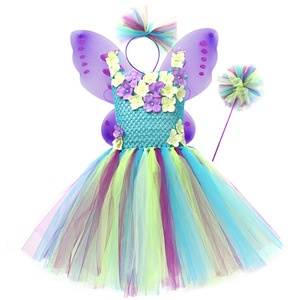 Abito <span class=keywords><strong>in</strong></span> <span class=keywords><strong>Tulle</strong></span> con Cerchietto Ali di Farfalla Costume da Elfo Blu e Viola Carino Gonna da Principessa per Bambine Compleanno - Product Image 5