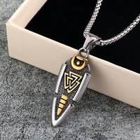 Liontin Kalung Pria Fashion Nordic Viking Berlapis Emas 18k Pvd Baja Tahan Karat 316L, Perhiasan Liontin Panah Rune Odin Tombak Emas