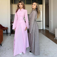 Robe Abaya Nuosha OEM à col mandarin et boutons grenouillère, manches longues, ourlet fendu, tenue maxi modeste pour femmes musulmanes, longueur ras du sol