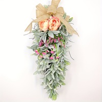 Guirlande artificielle de pivoines en forme de goutte d'eau avec nœud en toile de jute et feuilles d'oreille de mouton, décoration florale pour porte d'entrée ou murale de printemps
