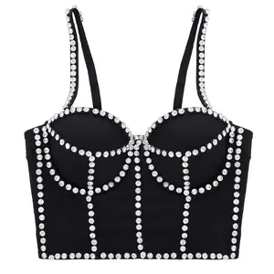 Diamond Beading Ladies Straps Black Crop Tops Underwire Boning Padded Corselet One Piece Corset De Mujer Sexy And Bustiers Women