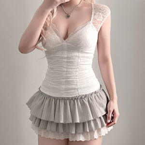 Camiseta Y2K para Mujer, con Encaje y Parches, Cuello en V, Manga Corta, Sexy, Dulce, Corte Regular, Informal, Transpirable, Ecológica, para Salir de Verano - Product Image 4