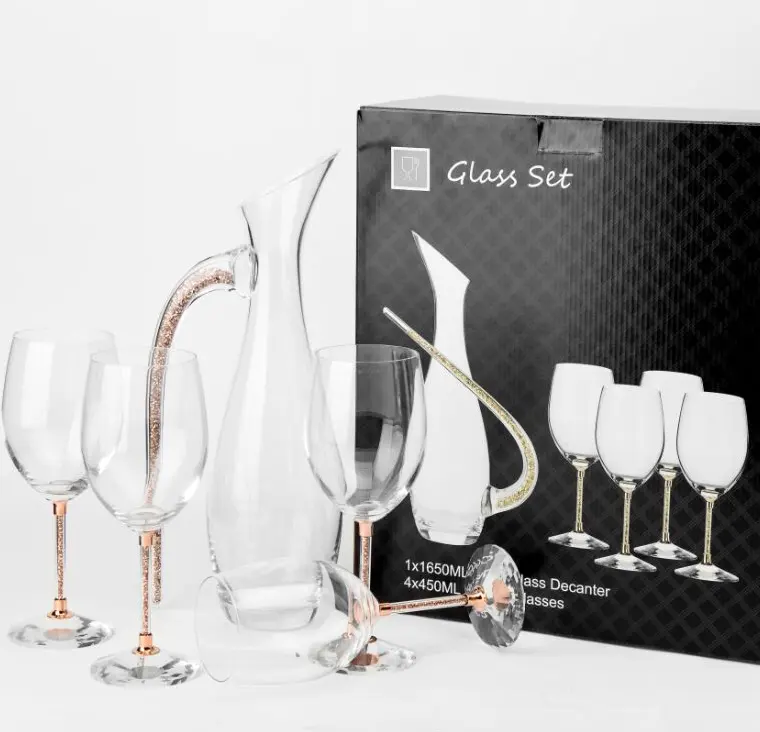 Conjunto de óculos de vinho cristal, sem chumbo, folha de ouro rosa brilhante, vinho, vidro de casamento