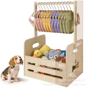 Wooden Pet Supply <b>Storage</b> Basket With <b>Clothes</b> Hanger Portable Toy Organizer For Cat Dog Natural Wood Color Rectangular Standing - Product Image 1