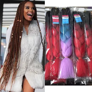 Sintético Ombre Cor Jumbo Trança Extensão Do Cabelo 24-82 polegada logotipo personalizado Crochet Box Braid Bulk Pré Esticado Trança Cabelo