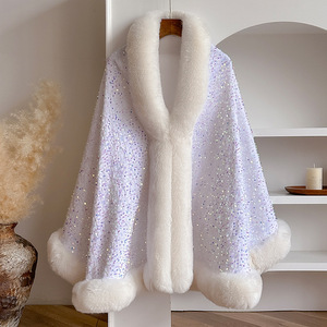 Cape châle poncho pour femme en sequins scintillants d'hiver de luxe, chaud, épais, pour soirée, col en fausse fourrure, châles - Product Image 4