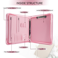 Carpeta de cartera de cuero con cremallera Rosa A4, soporte para documentos, folio de trabajo, organizador de negocios con Carpeta de 3 anillas