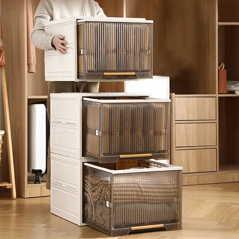 2024 New Design 5 Second Wardrobe Assistant Brown Clear Storage Boxes   Bins Stackable Collapsible Durable Middle Fast Folding