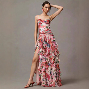 Off-Shoulder Floral Print Chiffon Evening Dress Empire Waist <b>Long</b> <b>Spaghetti</b> Strap Sheer Layer Women's Formal Wear - Product Image 1