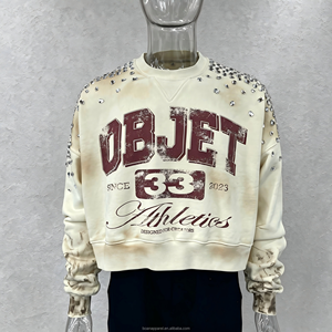 Sudadera de hombre personalizada de algodón French Terry de alto gramaje, extragrande, con estampado DTG, lavado ácido, efecto desgastado, pedrería y corte cropped, estilo vintage urbano - Product Image 1