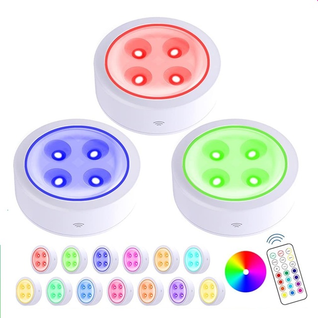 3AA Battery Operated RGB Color Changing Wireless Under Cabinet Lighting LED Puck Light with Remote Control