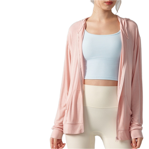 <b>Women's</b> Hooded <b>Zip</b>-<b>Up</b> Jacket Loose Fit Full Sleeve Solid Color Breathable Yoga <b>Top</b> with Pockets - Product Image 1
