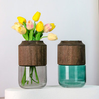 Vase en verre avec dessus en bois et collier en bois, transparent bleu-vert, pour fleurs fraîches, branches, décoration de table et de maison