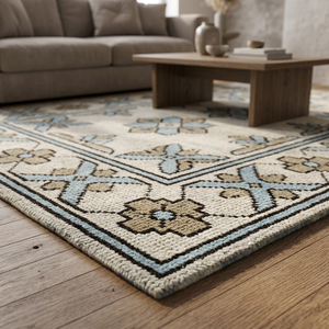 Alfombra Moderna Floral Ecológica de Lana de Nueva Zelanda Anudada a Mano Azure Oushak - Alfombra Azul Claro Marfil - Product Image 3