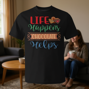 T-shirt Life Happens Chocolate Helps, abbigliamento promozionale unisex per adulti, girocollo, manica corta - Product Image 2
