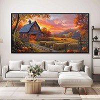 Impression sur toile encadrée Sunset Barn pour commande en gros, art mural champêtre d'automne pour salon, grande peinture murale abstraite moderne