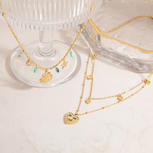 Collar con Colgante de Corazón de Acero Inoxidable, Diseño Multicapa con Incrustaciones, Joyería para Regalo de Amor - Product Image 1