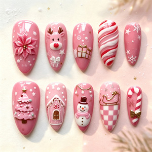 Faux ongles tendance 30 pièces, taille moyenne, amande rose, flocons de neige 3D, à presser, pour décoration de Noël - Product Image 4