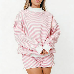 <span class=keywords><strong>Felpa</strong></span> Oversize da Donna Personalizzata a Righe Rosa e Bianche con Collo Alto, Traspirante, Casual, in Cotone con Logo Ricamato - Product Image 4