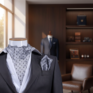 Elegant Male Adult Scarf and Handkerchief Set with Geometric Patterns on Gray Textile - Product Image 3